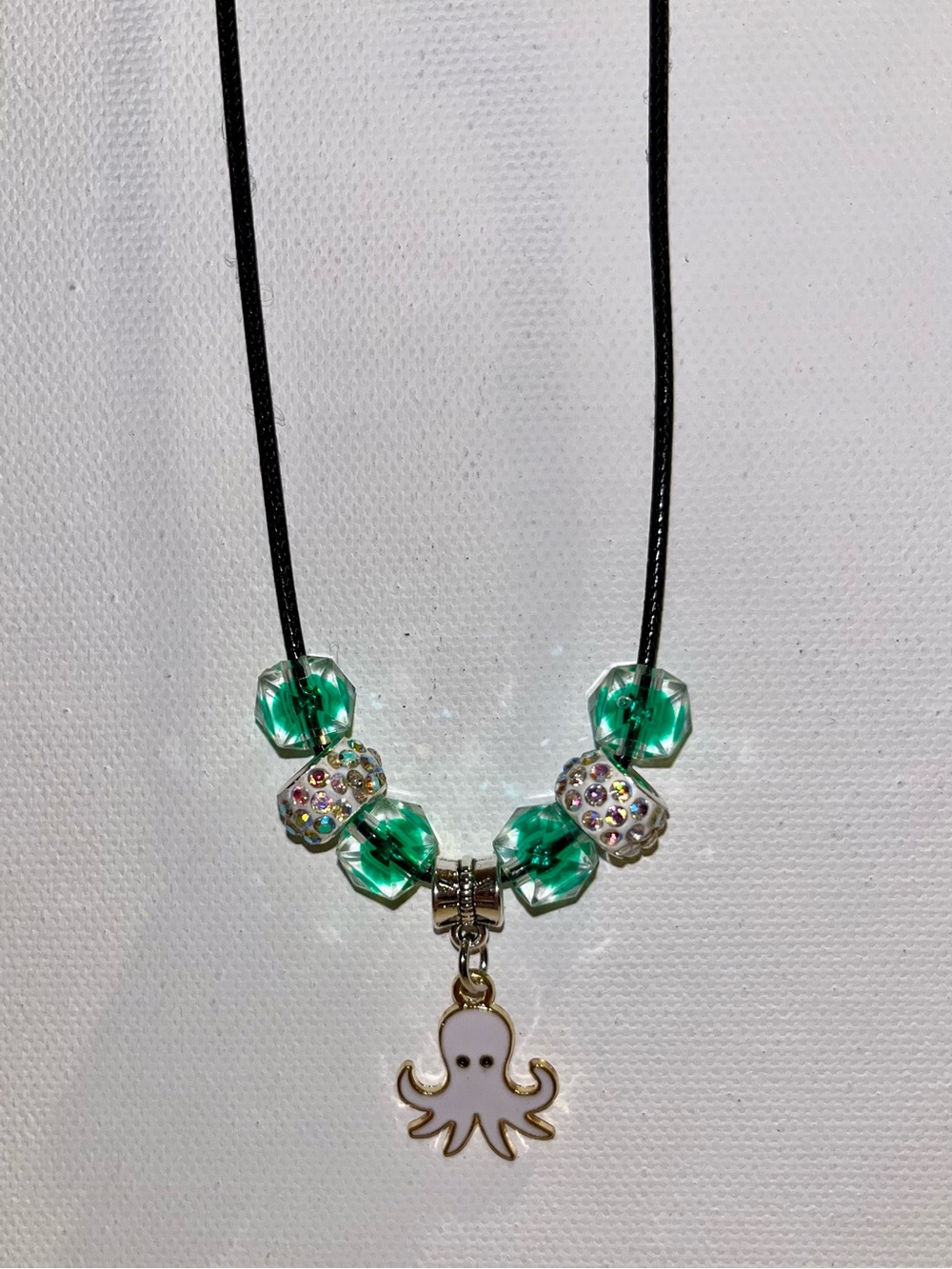 Green Beaded Necklace w/White & Gold Octopus Charm & Rhinestone Accented Beads